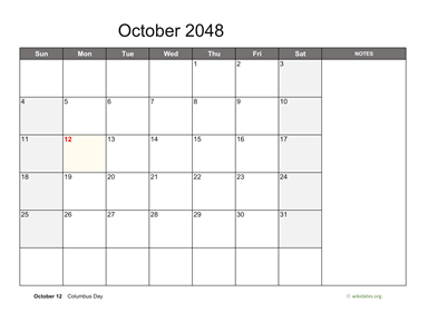October 2048 Calendar with Notes