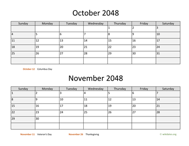 October and November 2048 Calendar Horizontal