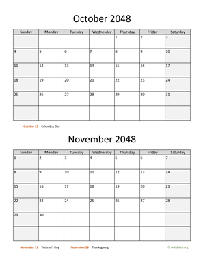 October and November 2048 Calendar Vertical