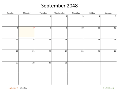 September 2048 Calendar with Bigger boxes