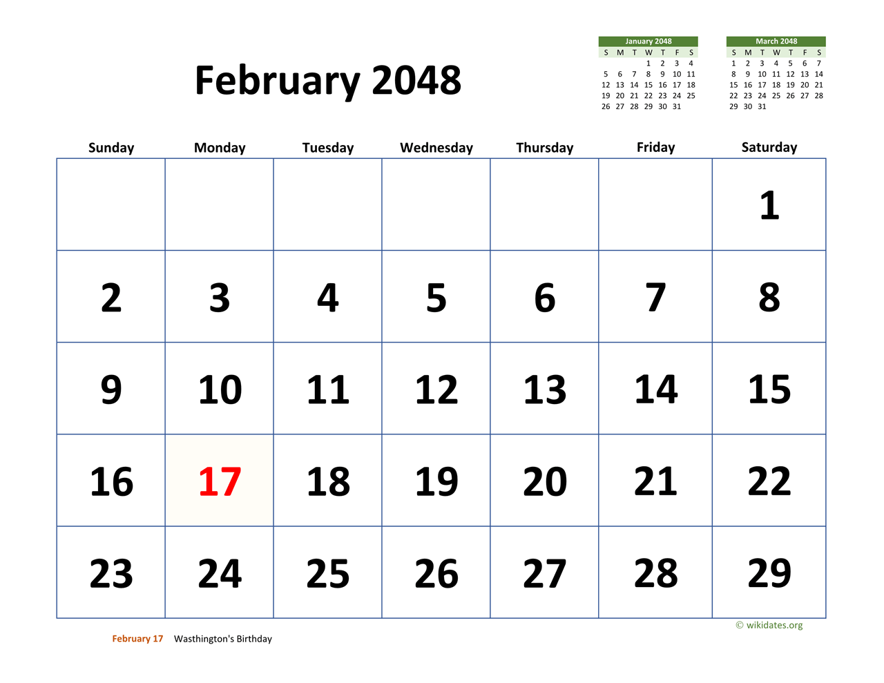 February 2048 Calendar with Extralarge Dates