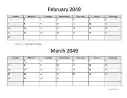 February and March 2049 Calendar