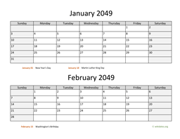 January and February 2049 Calendar