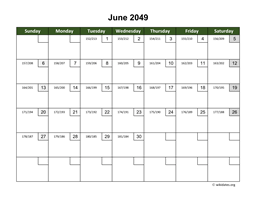 June 2049 Calendar with Day Numbers