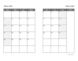March 2049 Calendar on two pages