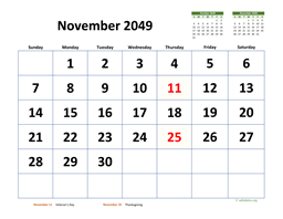 November 2049 Calendar with Extra-large Dates