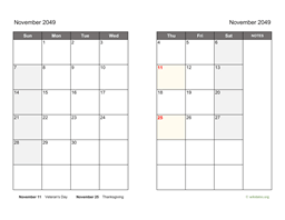 November 2049 Calendar on two pages
