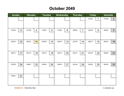 October 2049 Calendar with Day Numbers