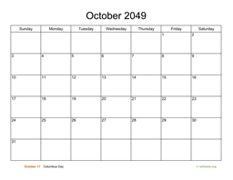 Basic Calendar for October 2049