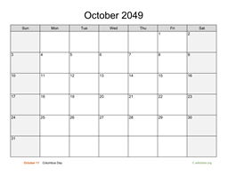 October 2049 Calendar with Weekend Shaded