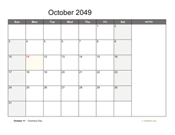 October 2049 Calendar with Notes