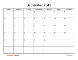 Basic Calendar for September 2049