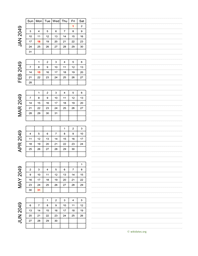 six months 2049 calendar vertical with notes