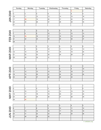 six months 2049 calendar vertical