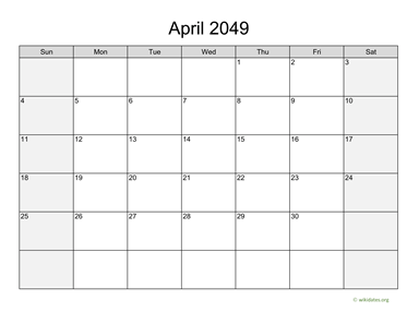 April 2049 Calendar with Weekend Shaded