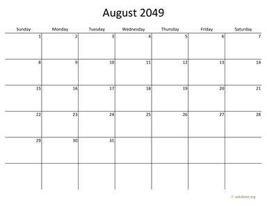August 2049 Calendar with Bigger boxes
