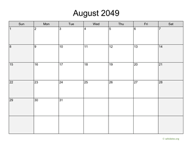 August 2049 Calendar with Weekend Shaded