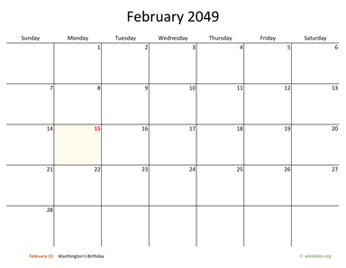 February 2049 Calendar with Bigger boxes