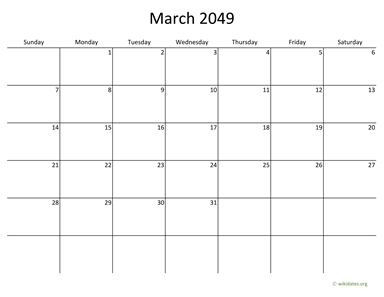 March 2049 Calendar with Bigger boxes
