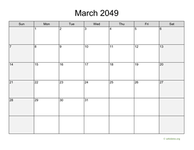 March 2049 Calendar with Weekend Shaded