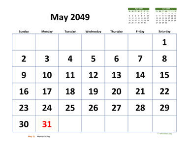 May 2049 Calendar with Extra-large Dates