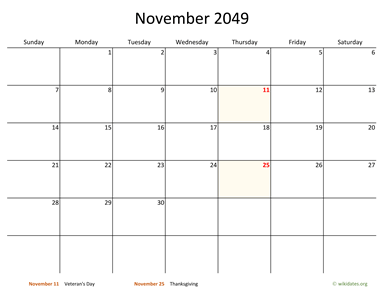 November 2049 Calendar with Bigger boxes