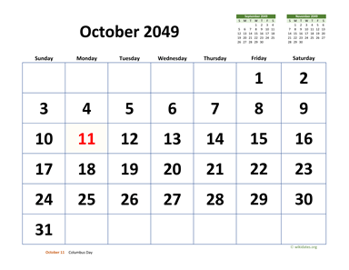 October 2049 Calendar with Extra-large Dates