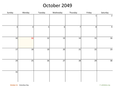 October 2049 Calendar with Bigger boxes