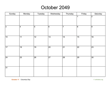 Basic Calendar for October 2049