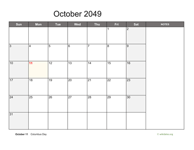October 2049 Calendar with Notes