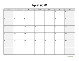 April 2050 Calendar with Weekend Shaded