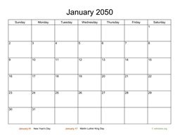 Basic Calendar for January 2050
