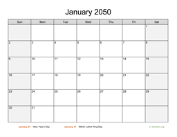 January 2050 Calendar with Weekend Shaded