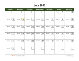 July 2050 Calendar with Day Numbers