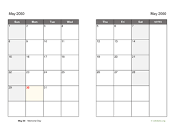 May 2050 Calendar on two pages