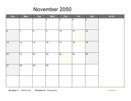 November 2050 Calendar with Notes