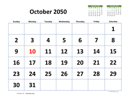 October 2050 Calendar with Extra-large Dates