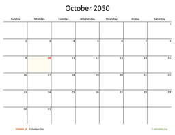 October 2050 Calendar with Bigger boxes