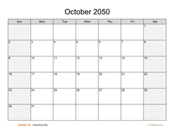 October 2050 Calendar with Weekend Shaded