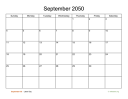 Basic Calendar for September 2050