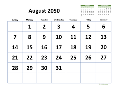 August 2050 Calendar with Extra-large Dates