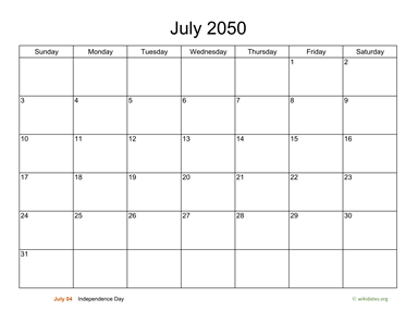 Basic Calendar for July 2050