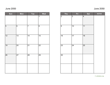 June 2050 Calendar on two pages
