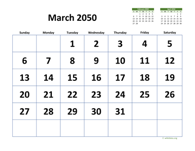 March 2050 Calendar with Extra-large Dates