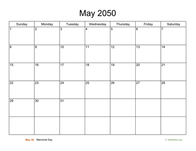 Basic Calendar for May 2050