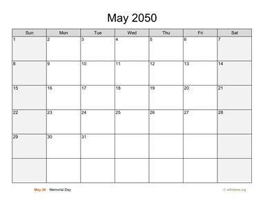 May 2050 Calendar with Weekend Shaded