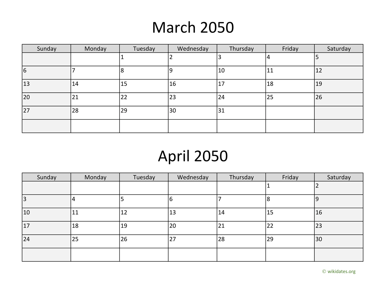 March and April 2050 Calendar | WikiDates.org