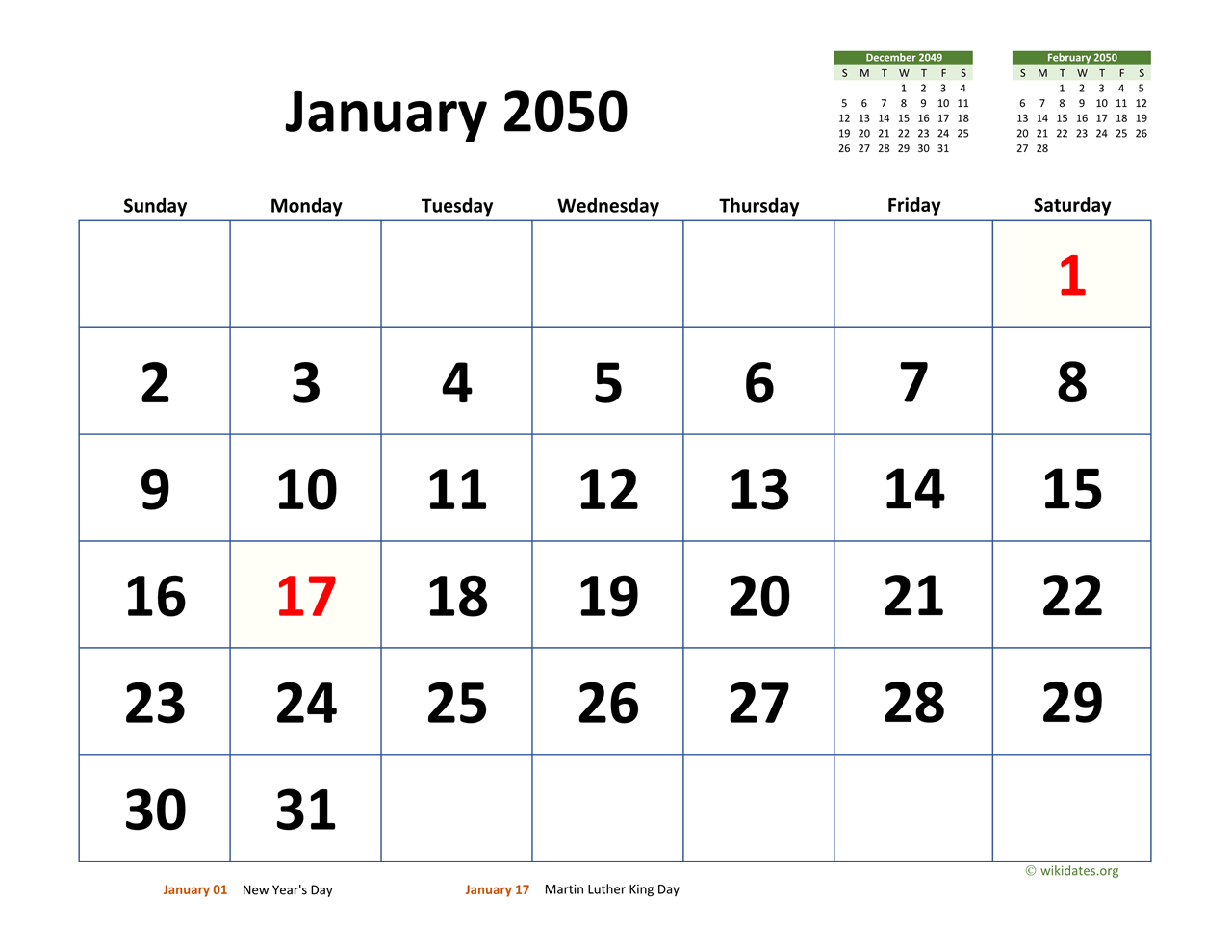 Monthly 2050 Calendar with Extra-large Dates | WikiDates.org