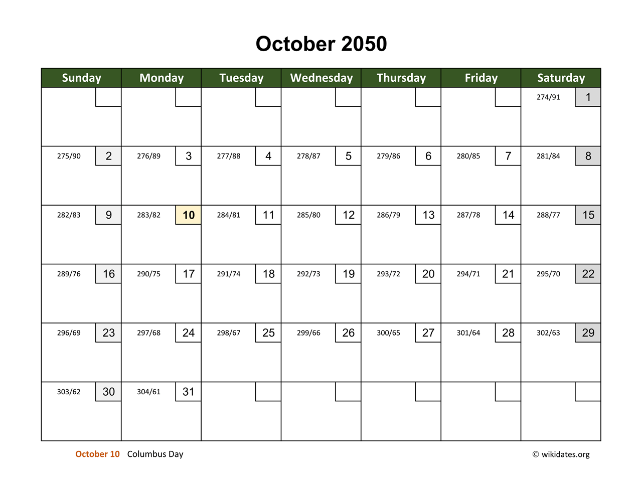 October 2050 Calendar With Day Numbers WikiDates