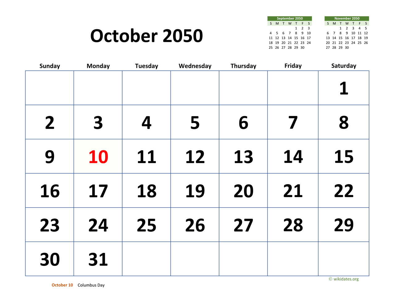 October 2050 Calendar With Extra large Dates WikiDates